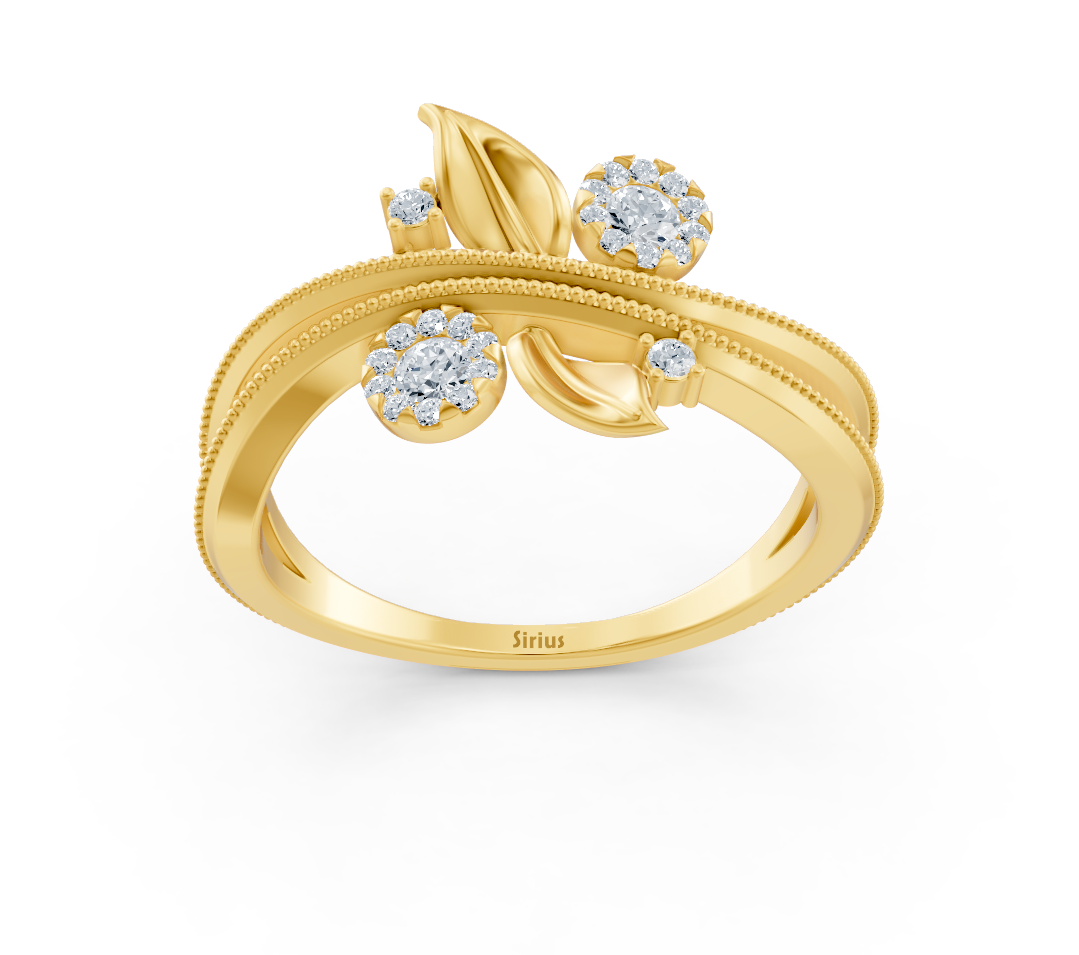 Çiçek motifli detaylara ve laboratuvar pırlantalarına sahip eğlenceli sarı altın yüzük – Rosy Lab Diamonds’tan yüksek kaliteli Mücevher