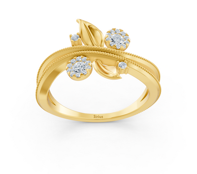 Verspielter Gelbgoldring mit floralen Details und Labordiamanten