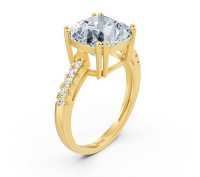 Elegant cushion solitaire ring with pavé lab diamonds in 14K yellow gold