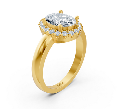 Halo engagement ring in yellow gold with oval lab diamond and round diamond halo