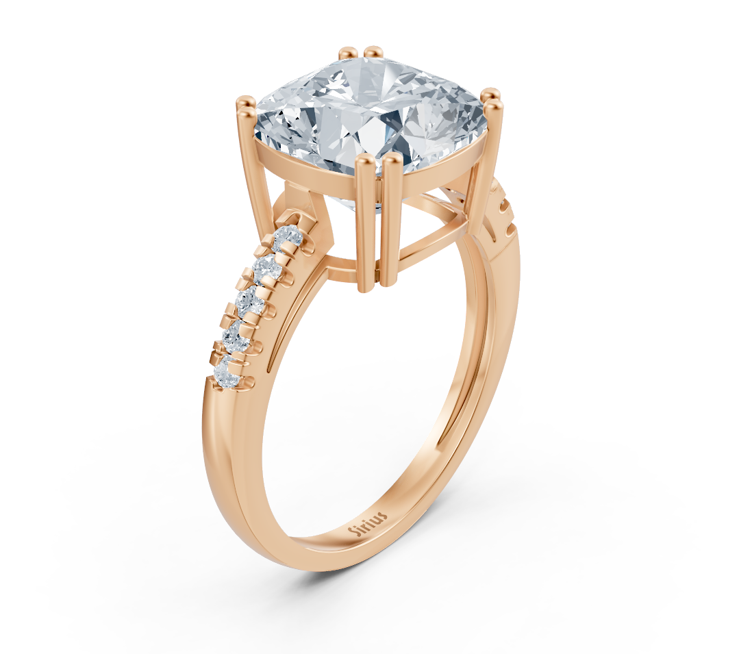 Elegant cushion solitaire ring with pavé lab diamonds in 14K rose gold