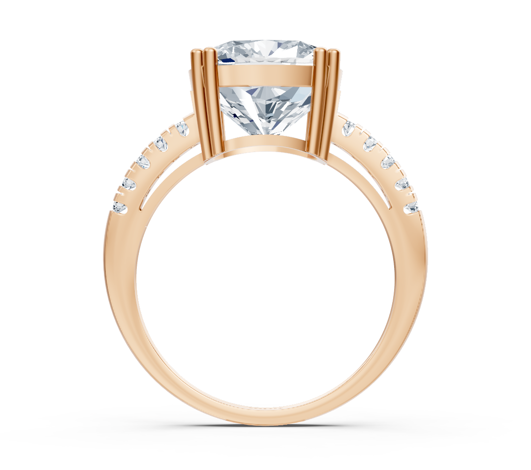 Elegant cushion solitaire ring with pavé lab diamonds in 14K yellow gold