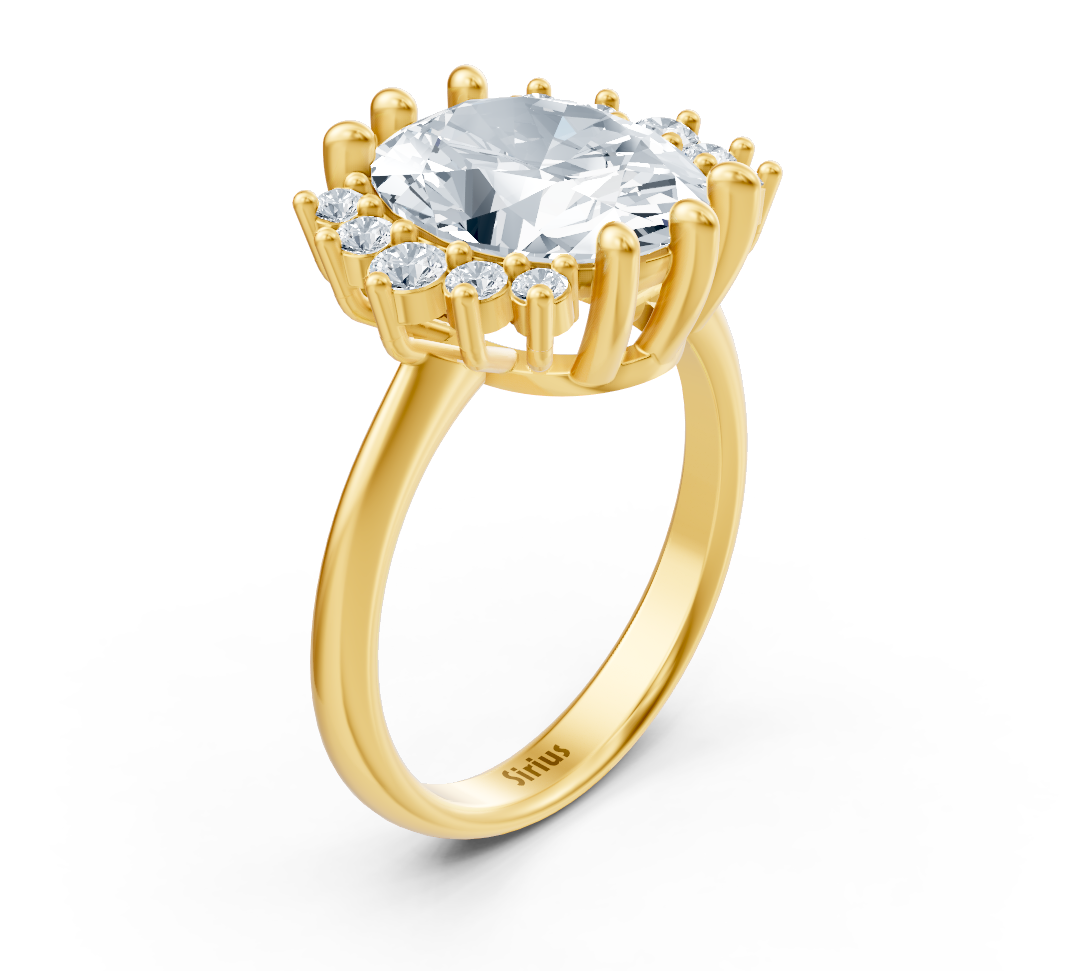 Oval halo ring with central lab diamond in yellow gold
