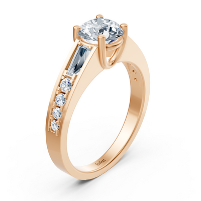 Rose gold ring with solitaire and white topaz details made from lab diamonds