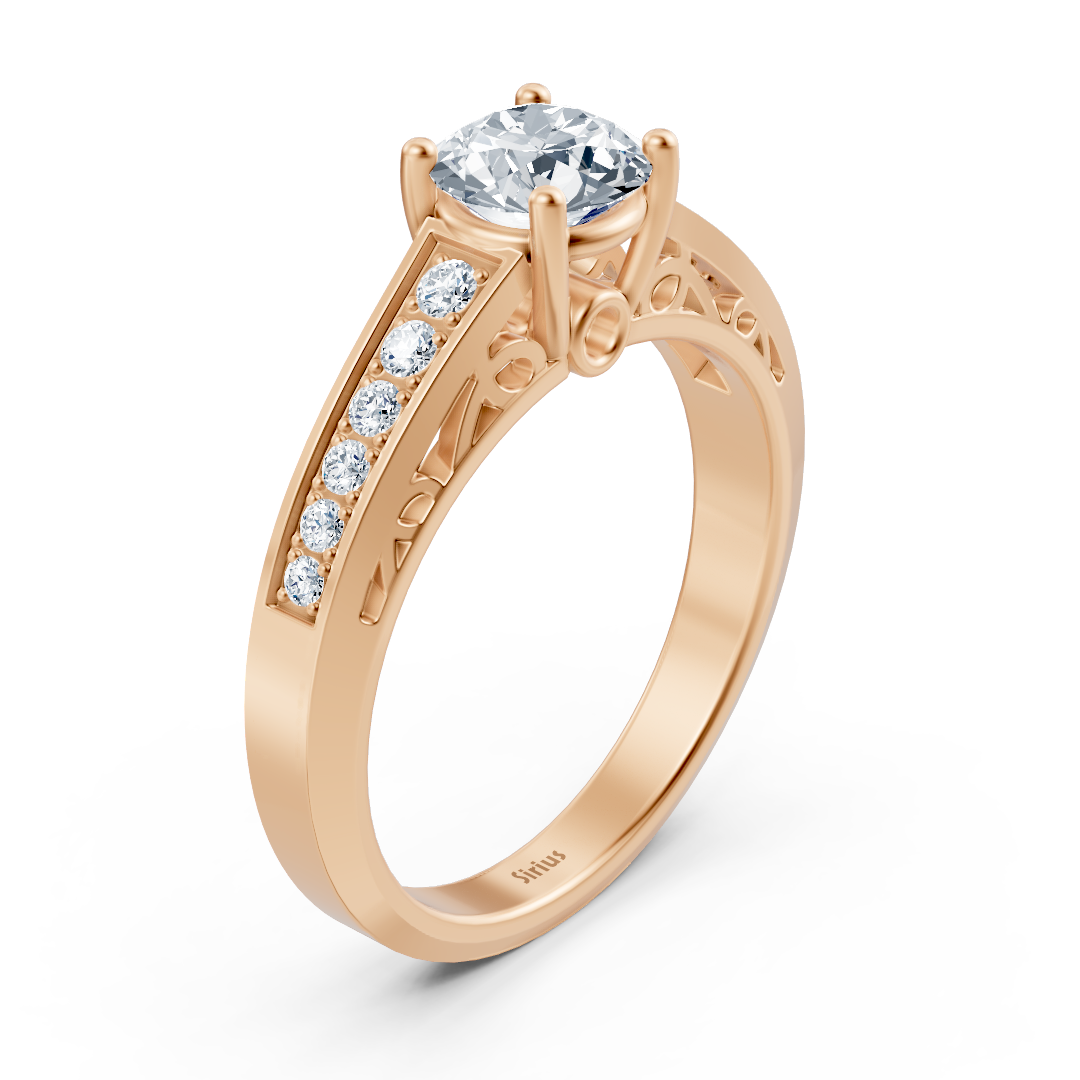 Rose gold ring with ornament design, lab diamonds and white topaz