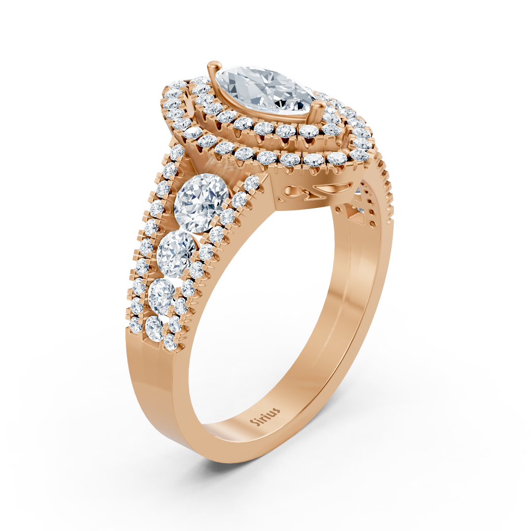 Rose gold marquise diamond ring with white topaz and double halo – 14K