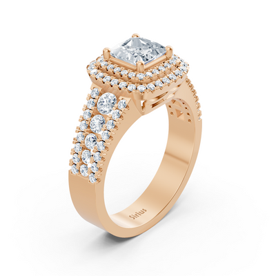 Pavé ruby ring in 14K rose gold with princess and round cut, lab-grown