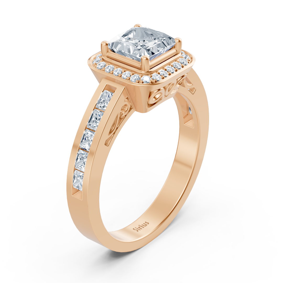Rose gold ring with princess cut and delicate halo of lab diamonds