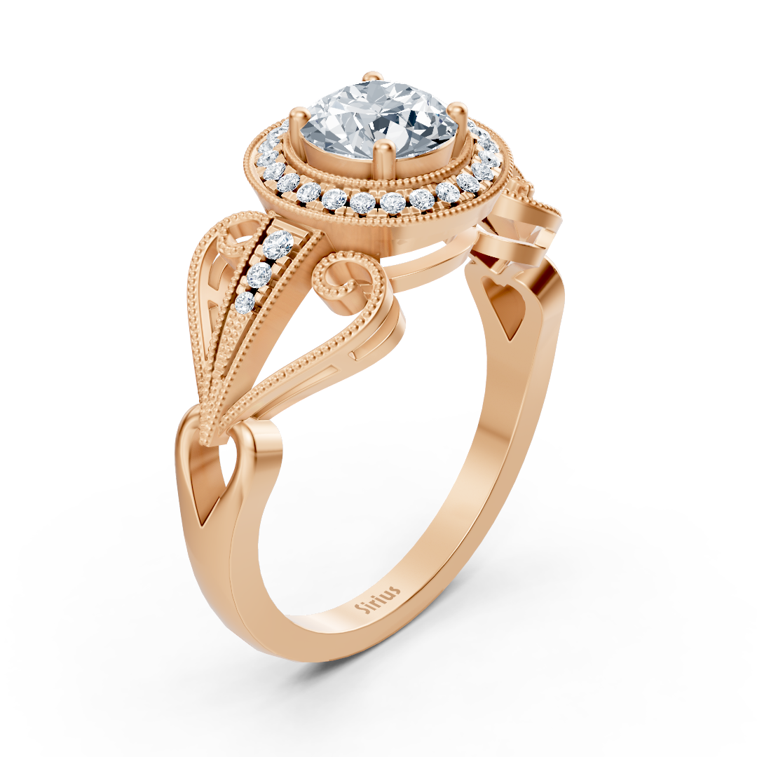 Vintage süslemeli ve pırlanta işlemeli pembe altın yüzük - 14 ayar Nişan Yüzüğü - Rosy Lab Diamonds'tan yüksek kaliteli Mücevher