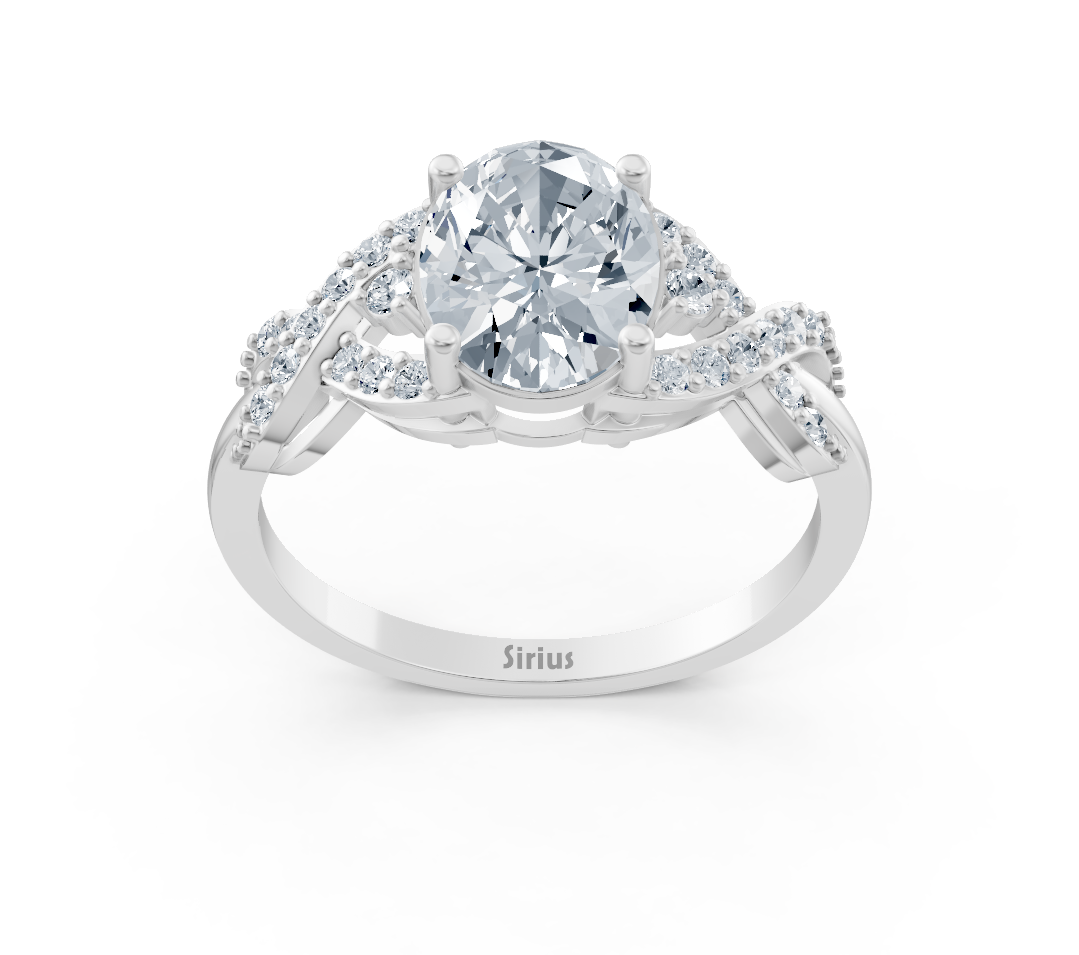 Elegant oval twisted ring with lab diamonds in 14K white gold