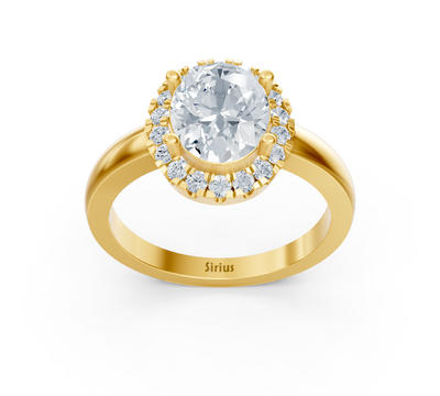 Halo engagement ring in yellow gold with oval lab diamond and round diamond halo