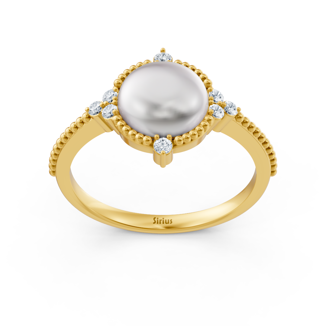 Bague élégante avec perle cabochon et diamants en Or Jaune 14 K - 77R0249 - Bijoux haut de gamme de Rosy Lab Diamonds