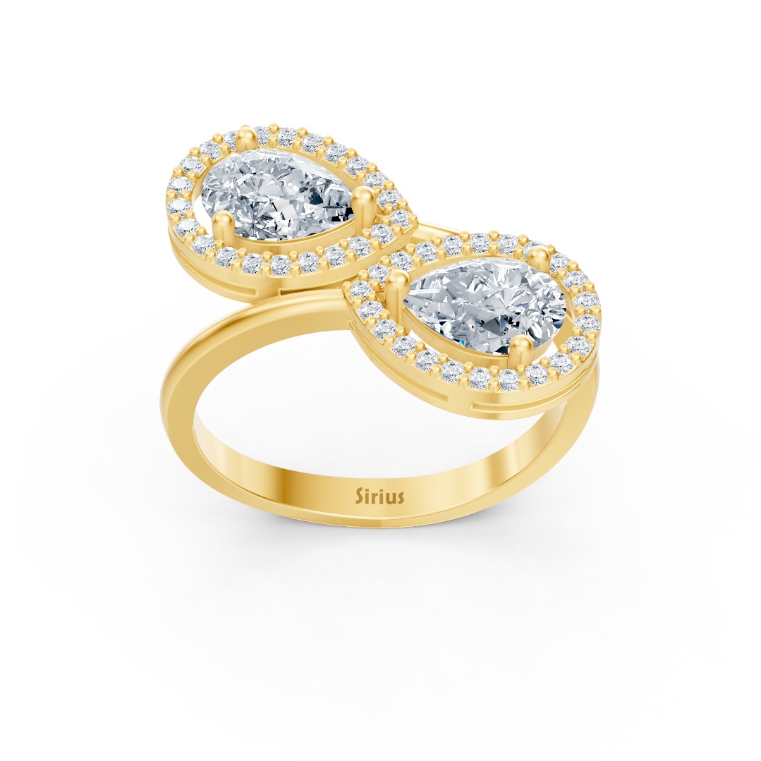 Open double ring with lab diamonds in pear and round cut in yellow gold – 77R0252
