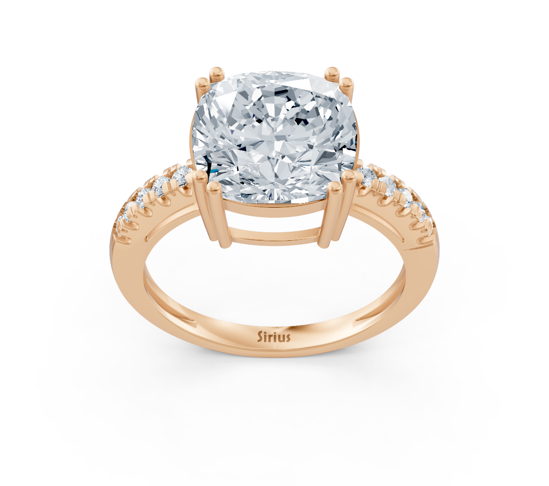 Elegant cushion solitaire ring with pavé lab diamonds in 14K rose gold