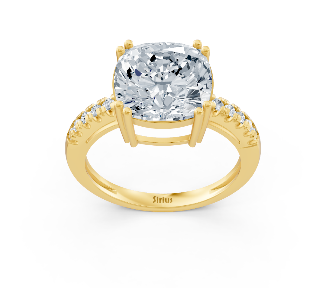 Elegant cushion solitaire ring with pavé lab diamonds in 14K yellow gold