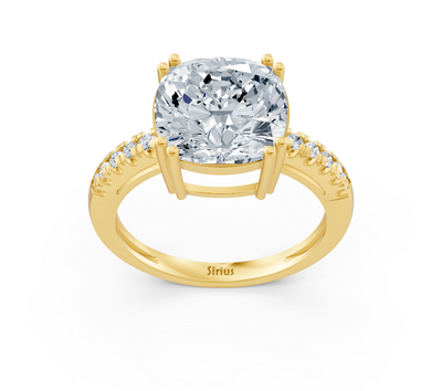 Elegant cushion solitaire ring with pavé lab diamonds in 14K yellow gold