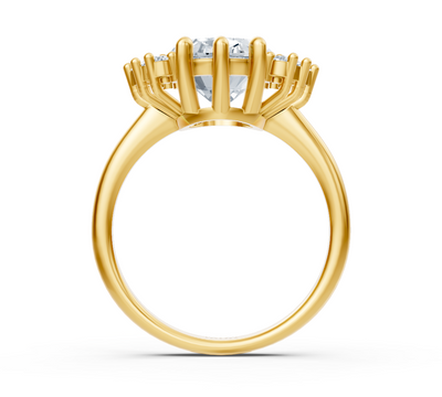 Oval halo ring with central lab diamond in yellow gold