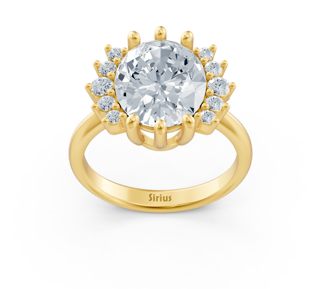 Oval halo ring with central lab diamond in yellow gold