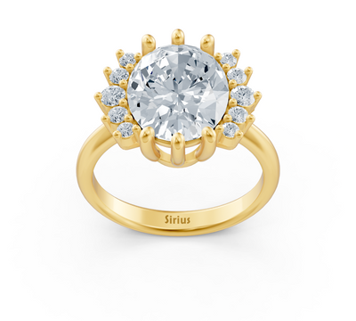 Oval halo ring with central lab diamond in yellow gold
