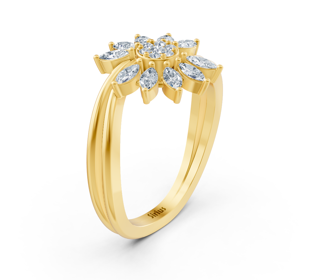 Yellow gold ring with floral motif of marquise and round diamonds