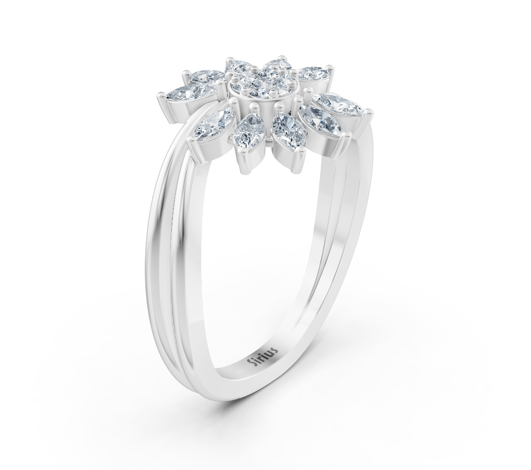 White Gold ring with a floral motif made of marquise and round diamonds - high-quality Jewelry by Rosy Lab Diamonds