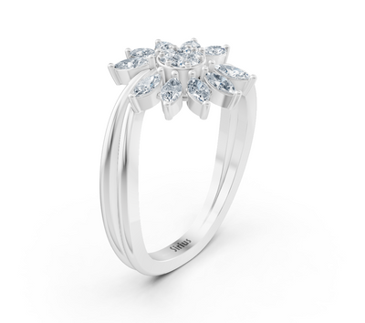 Weißgold-Ring mit Blütenmotiv aus Marquise- und Runddiamanten