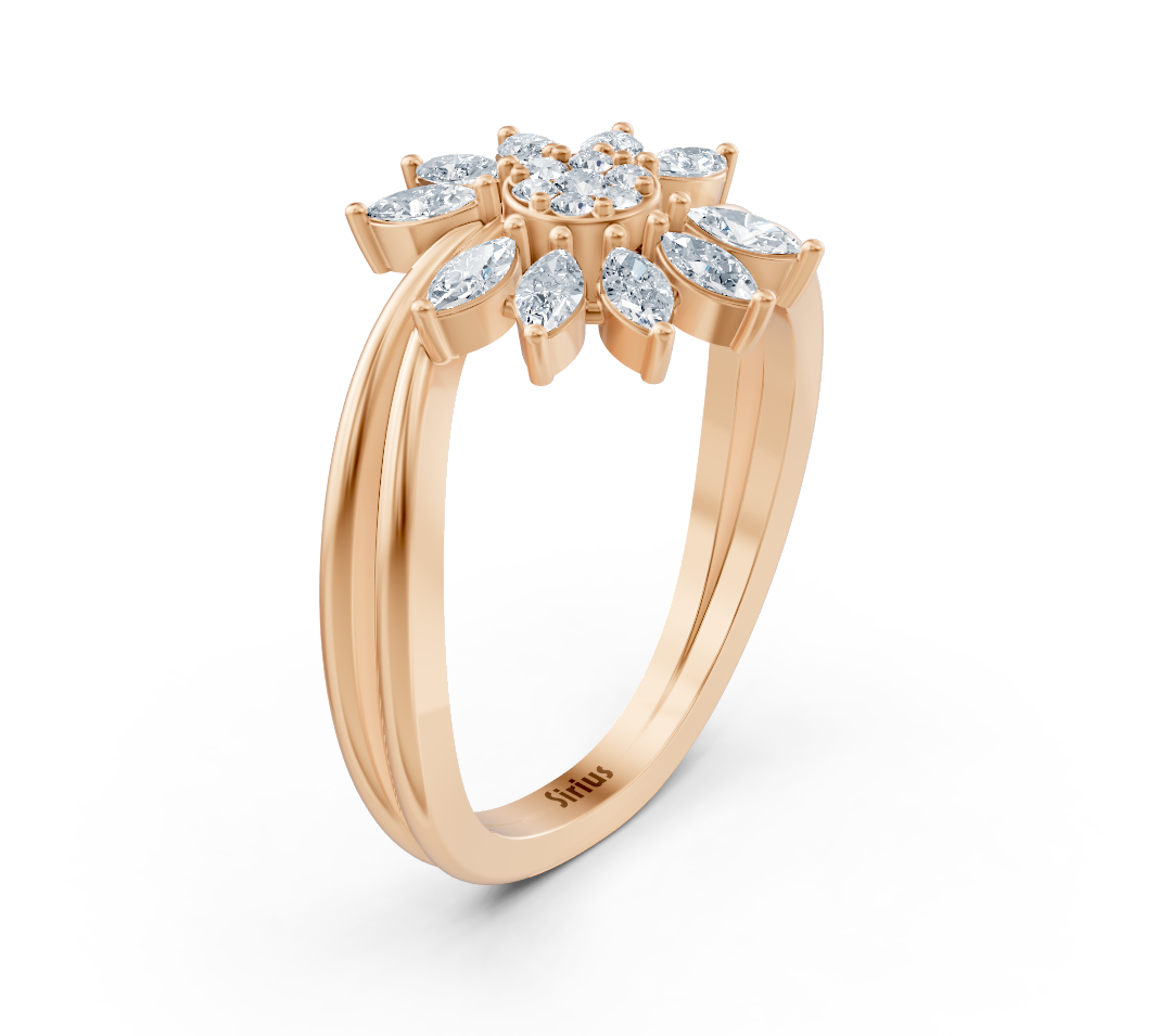 Rose gold ring with floral motif made of marquise and round diamonds