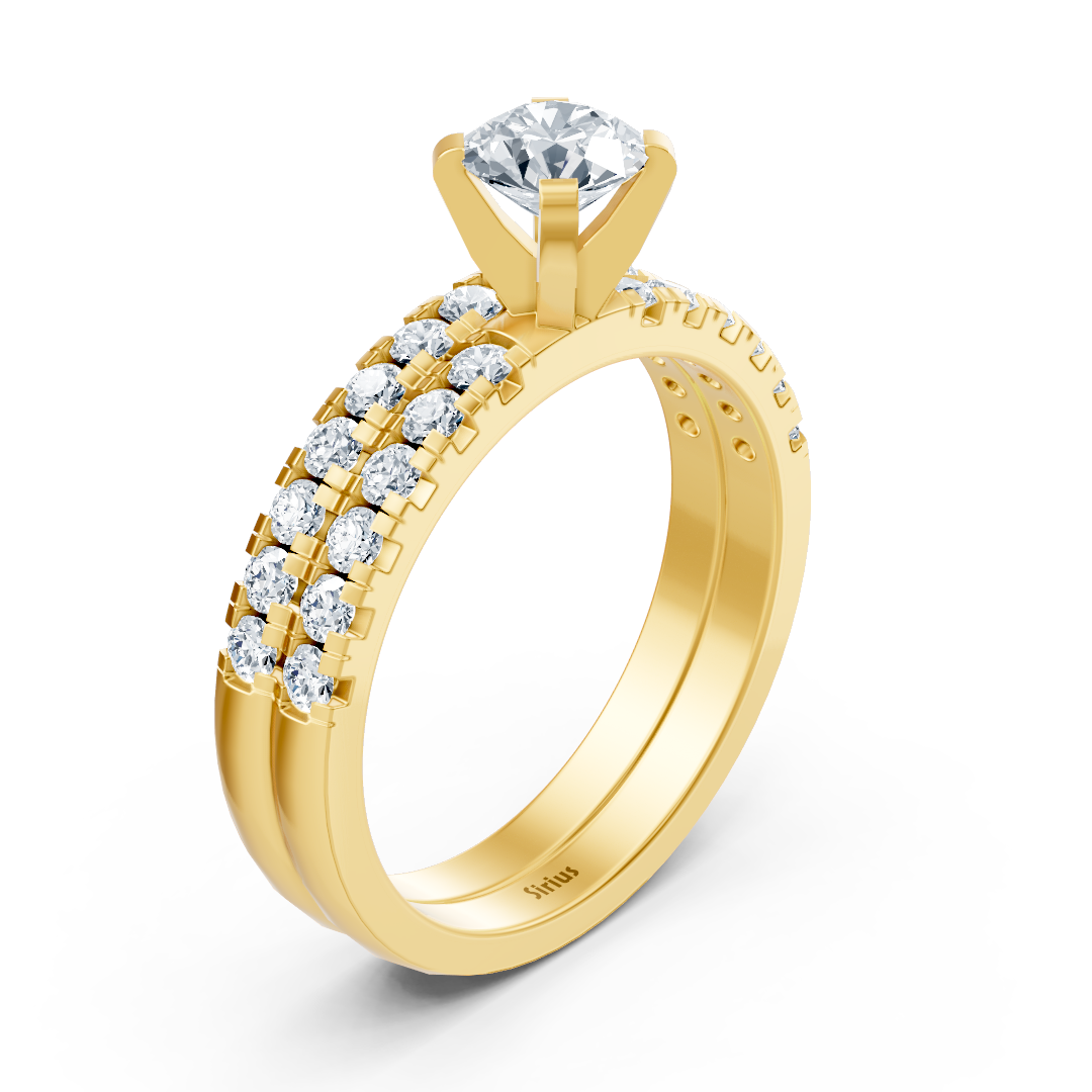 Gelbgold-Ring mit Doppelreihe und Solitär aus Labor-Diamanten - hochwertiger Schmuck von Rosy Lab Diamonds