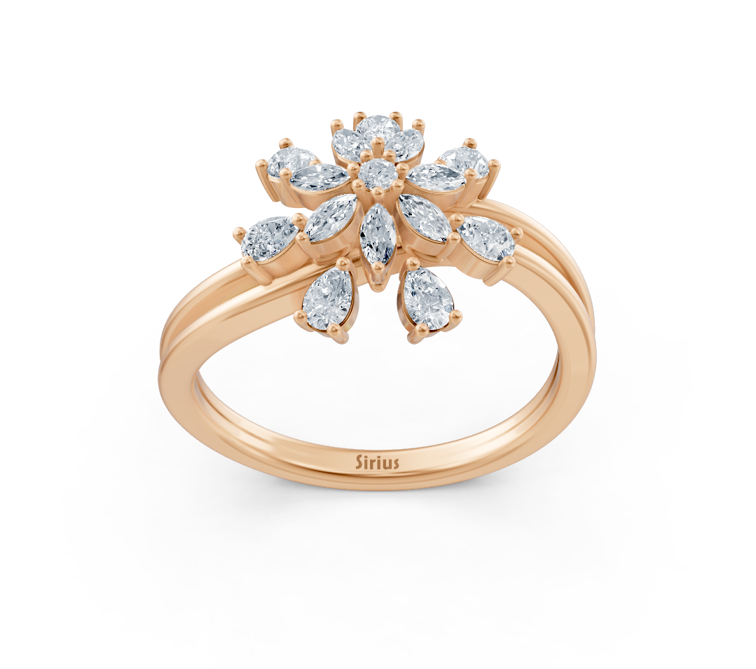 خاتم من الذهب الوردي مزين بألماس مختبري بأشكال ماركيز ودائرية وقطرات - مجوهرات فاخرة من Rosy Lab Diamonds