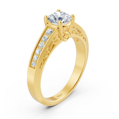Yellow gold ring with ornamental details and lab diamonds & white topaz
