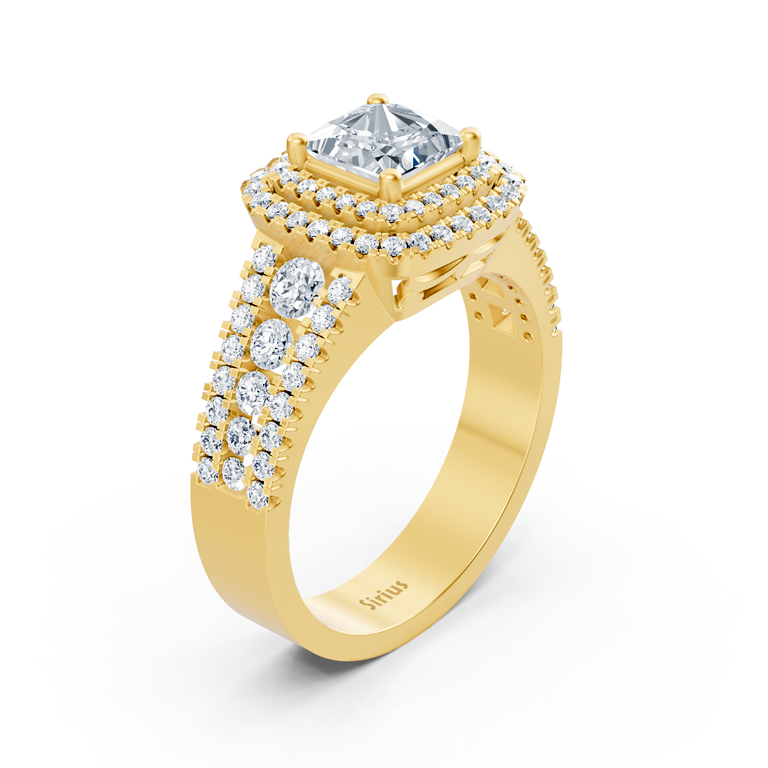 Luxurious ruby diamond ring in 14K yellow gold with double halo, lab-grown
