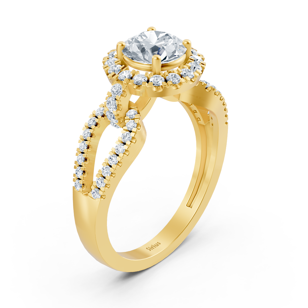 Gelbgoldring mit geteiltem Band und funkelndem Halo-Labor-Diamant - hochwertiger Schmuck von Rosy Lab Diamonds