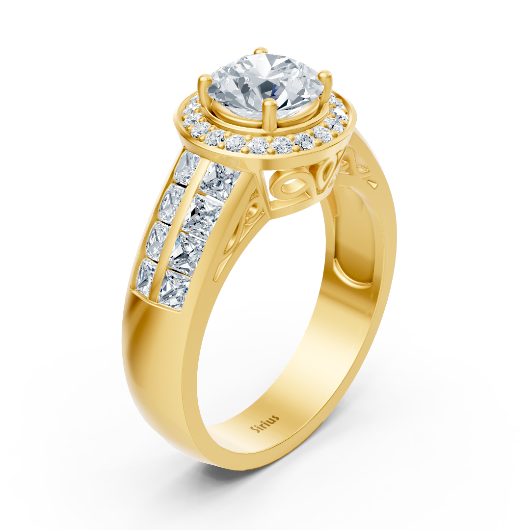 Elegant yellow gold ring with halo and princess cut – lab-grown diamonds