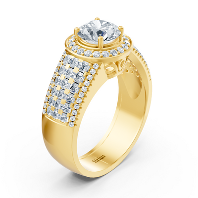 Solitaire halo ring made of yellow gold with princess cut in pavé style – ethically lab-grown