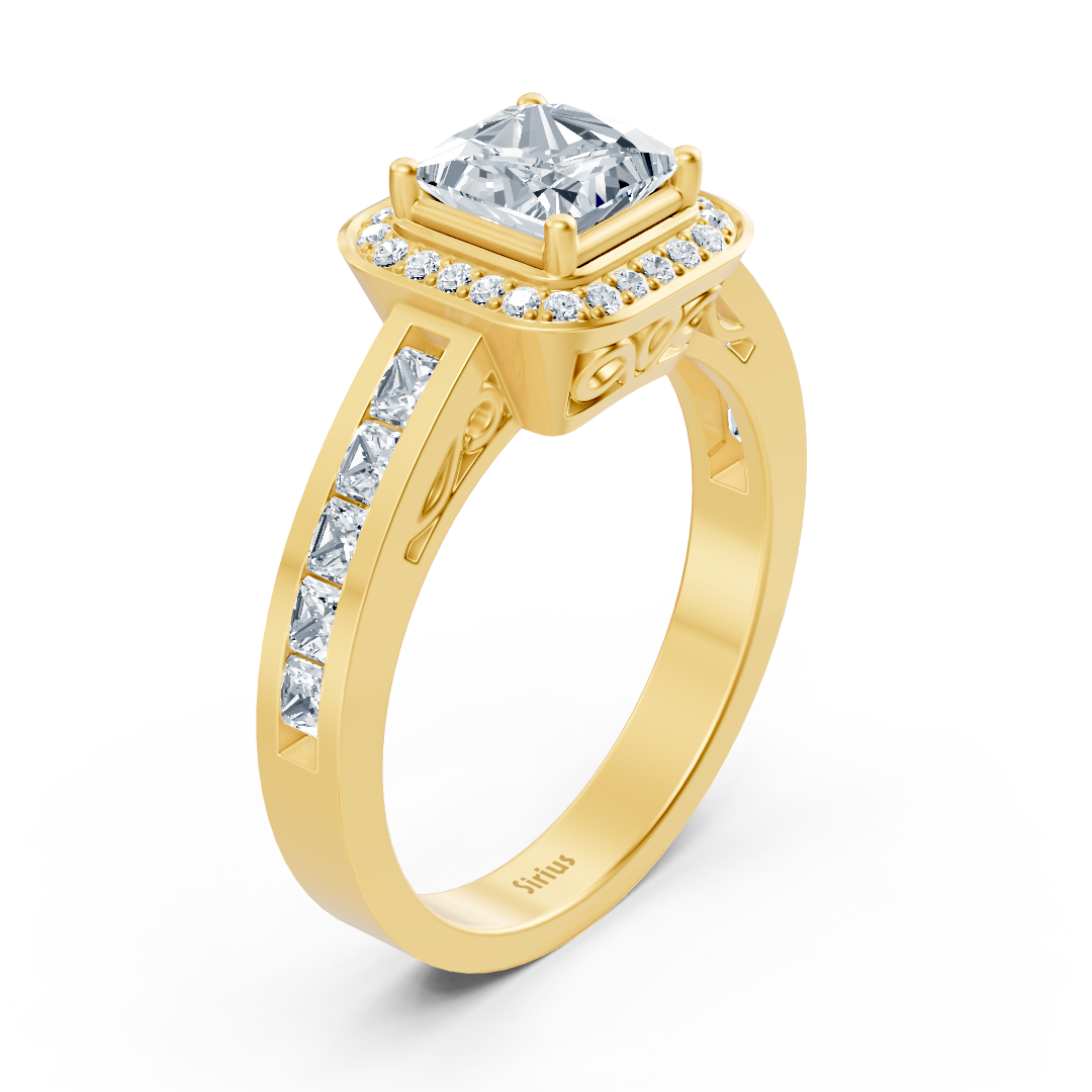 Bague halo solitaire en Or Jaune avec diamant taille princesse et serti rail – Bijoux haut de gamme de Rosy Lab Diamonds
