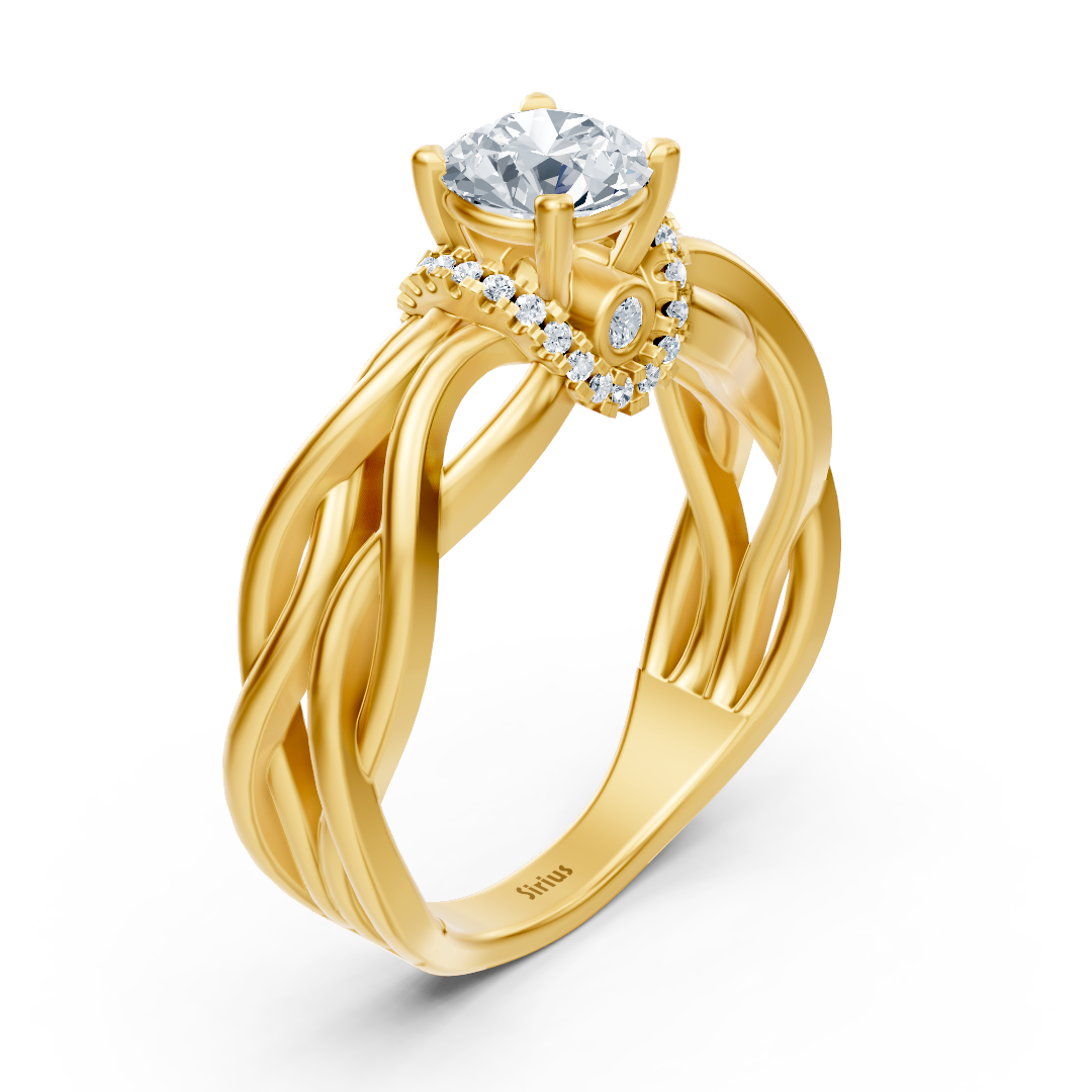 Bague tressée en Or Jaune avec solitaire et diamants de laboratoire – Bijoux haut de gamme de Rosy Lab Diamonds
