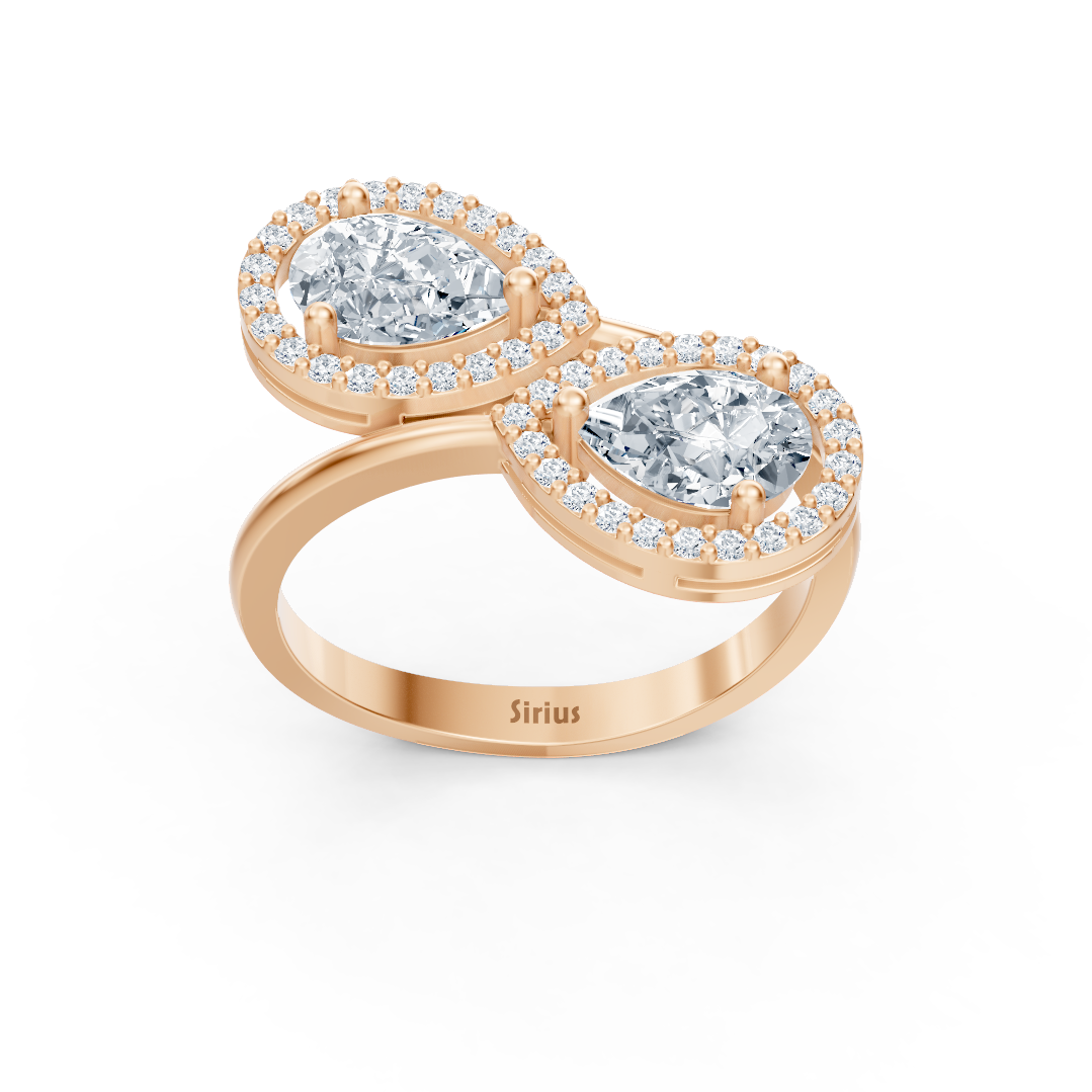 Bague double ouverte ornée de diamants de laboratoire taille poire et Taille Brillant Rond en Or Rose - 77R0252 - Bijoux haut de gamme de Rosy Lab Diamonds