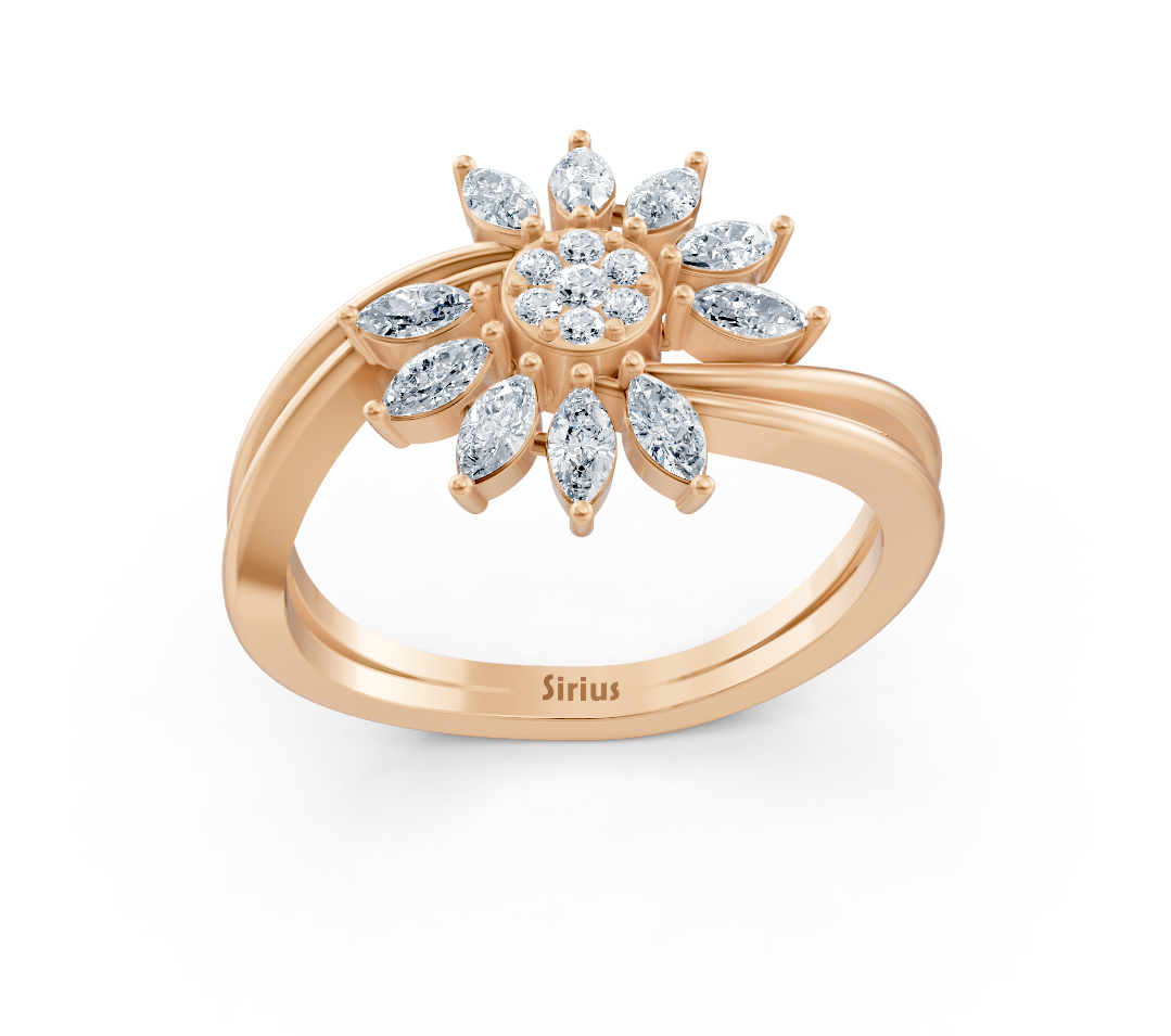 Rose gold ring with floral motif made of marquise and round diamonds