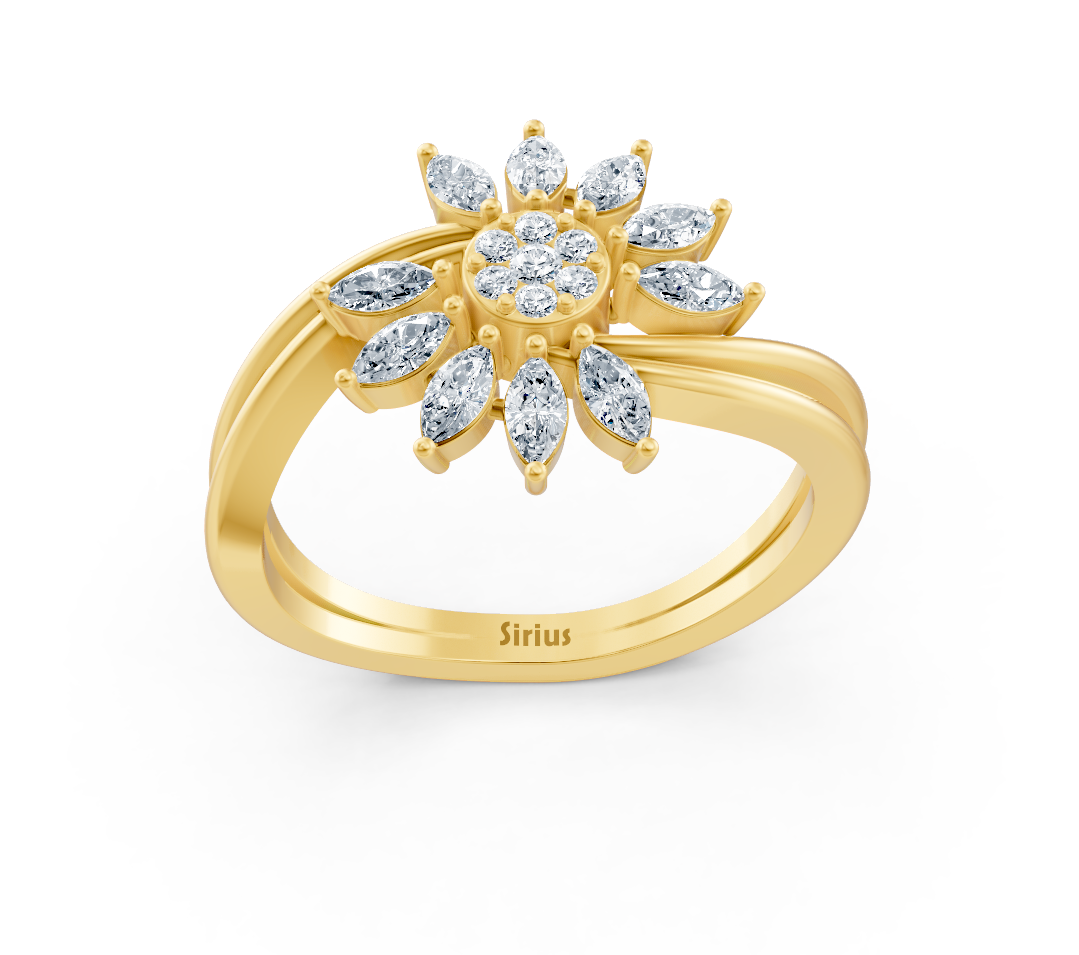 Gelbgold-Ring mit Blütenmotiv aus Marquise- und Runddiamanten - hochwertiger Schmuck von Rosy Lab Diamonds