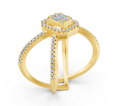 Yellow gold ring with baguette and round lab diamonds