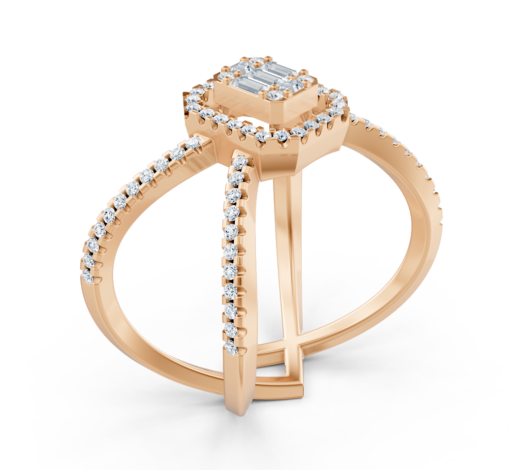Baguet ve yuvarlak laboratuvar pırlantalı pembe altın yüzük - Rosy Lab Diamonds'tan kaliteli Mücevher