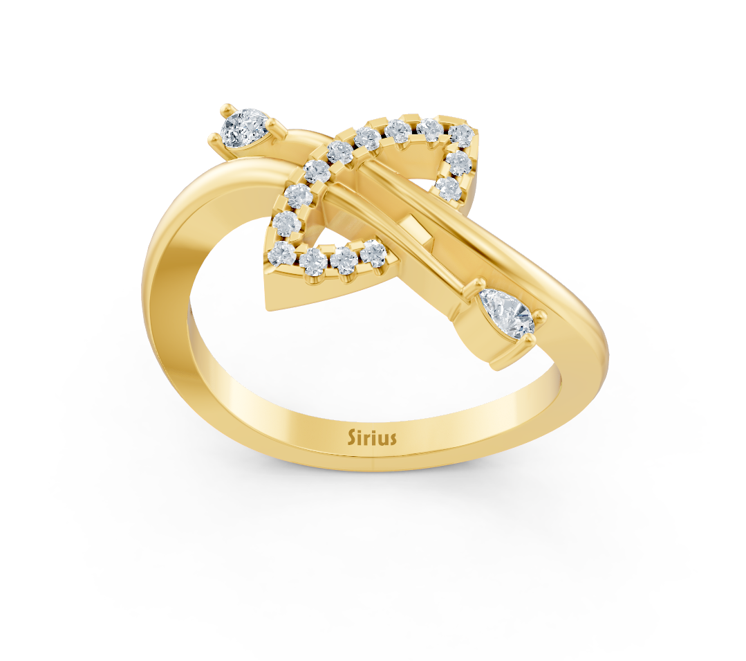 Yellow gold heart ring with pear and round cut