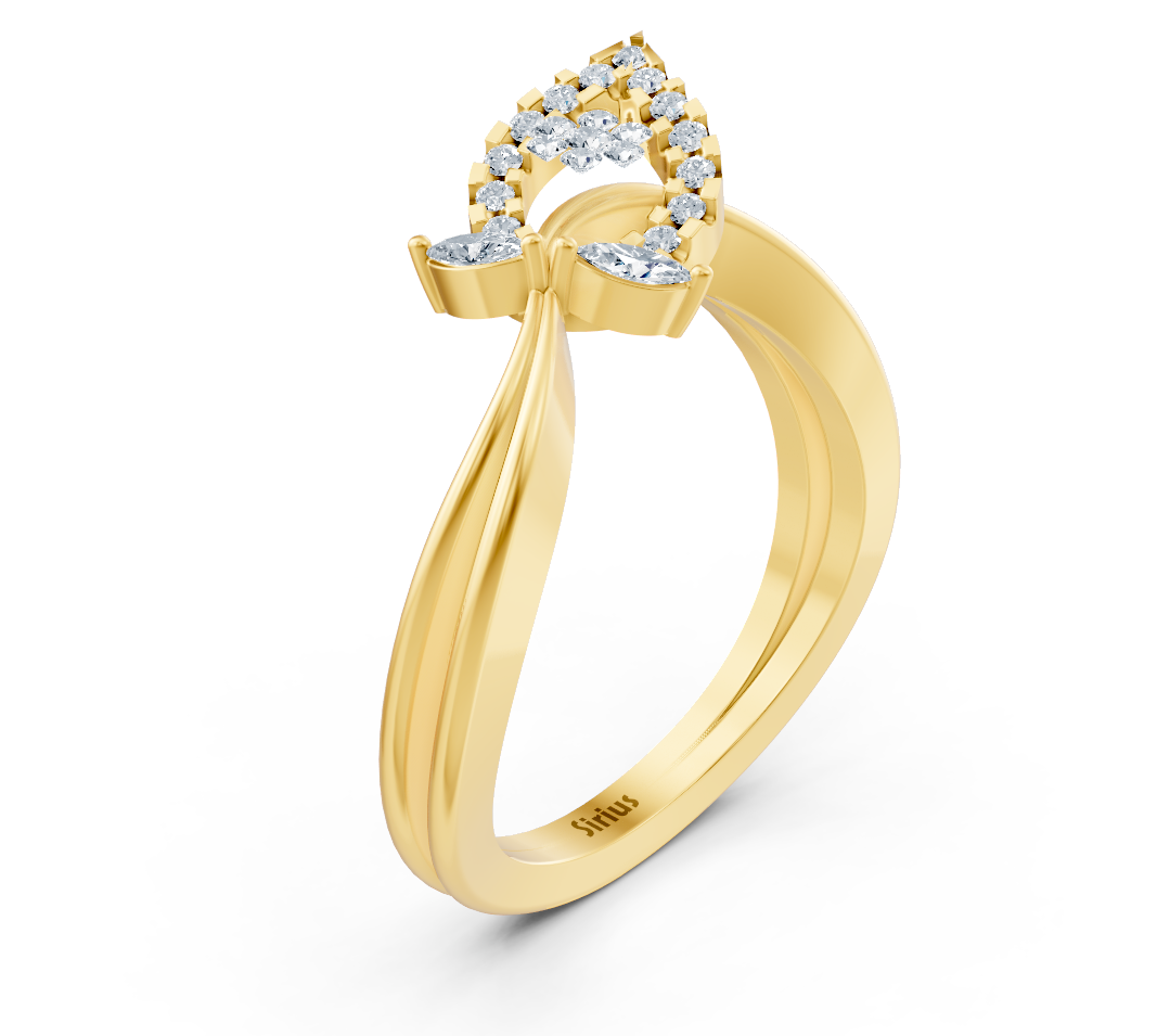 Yellow gold ring with round and marquise diamonds in teardrop shape