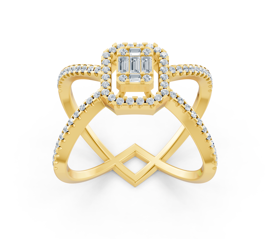 Yellow gold ring with baguette and round lab diamonds