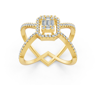 Yellow gold ring with baguette and round lab diamonds