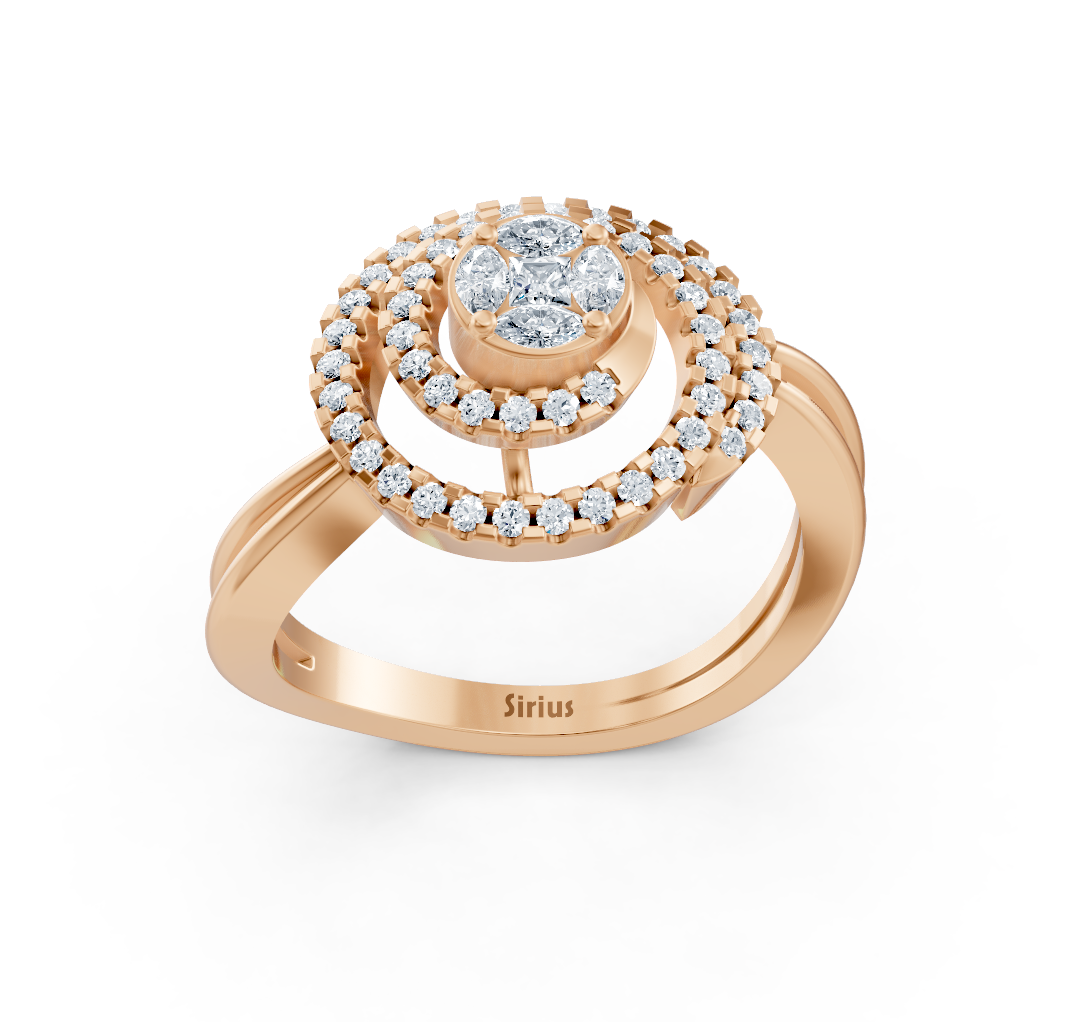 Bague en or rose avec triple halo de diamants marquise, princesse et ronds – Bijoux haut de gamme de Rosy Lab Diamonds