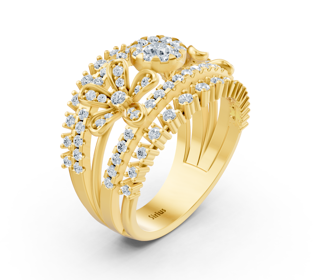 Yellow gold ring with floral motif and round lab diamonds