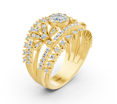 Yellow gold ring with floral motif and round lab diamonds