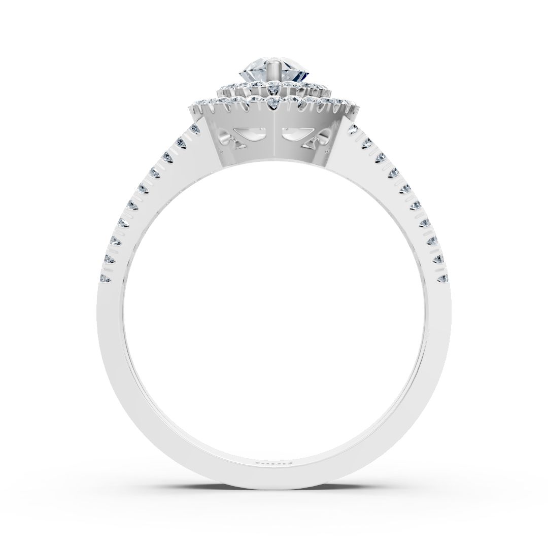 Elegant marquise diamond ring in 14K white gold with white topaz and double halo
