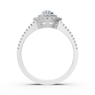 Elegant marquise diamond ring in 14K white gold with white topaz and double halo